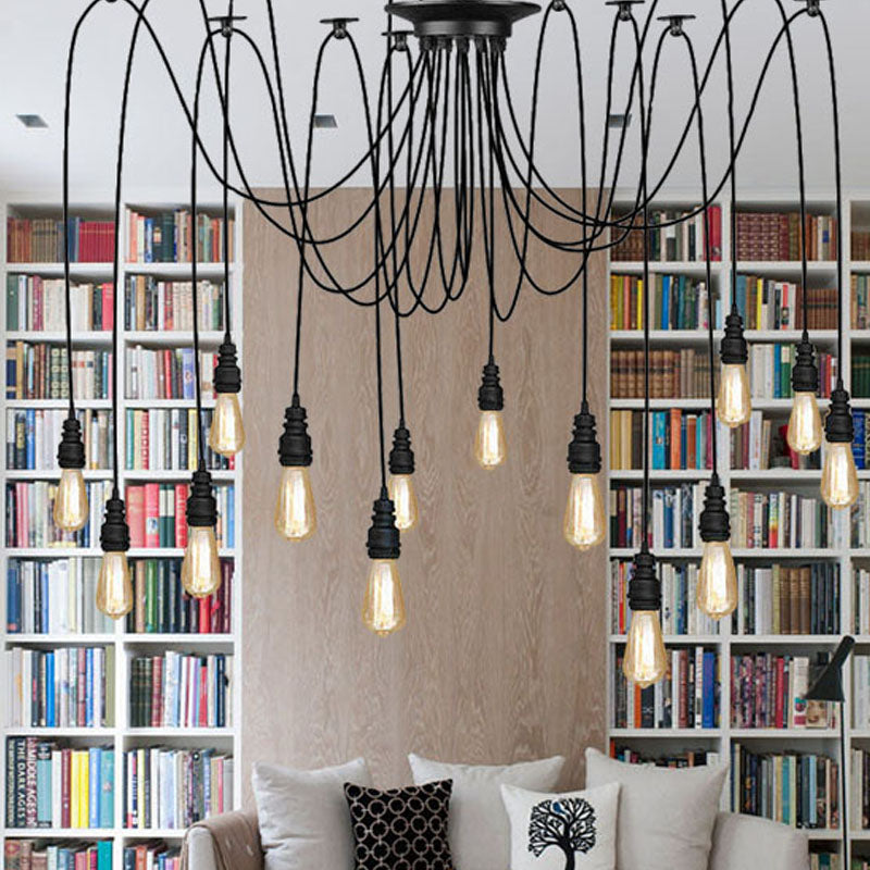 Swag Hanging Lamp - Industrial Style Pendant Light With Metal Bulb Holders In Black Finish