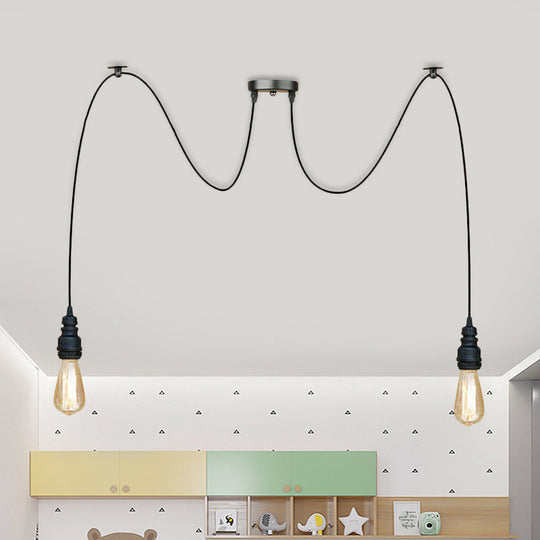 Swag Hanging Lamp - Industrial Style Pendant Light With Metal Bulb Holders In Black Finish