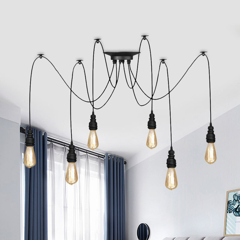 Swag Hanging Lamp - Industrial Style Pendant Light With Metal Bulb Holders In Black Finish