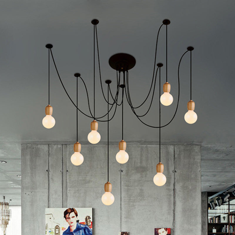 Industrial Wood Dining Room Pendant Lamp with Exposed Bulb and Swag Design