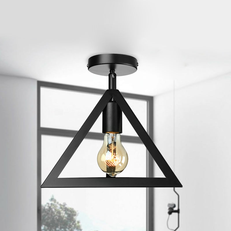 Retro Industrial Wire Cage Ceiling Light with Triangle Shade - 1 Head Metal Lamp in Black/Grey/White