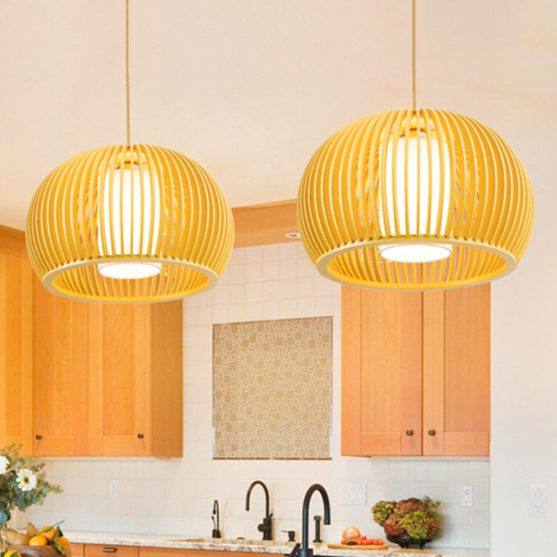 Rustic Wooden Pendant Light With Fabric Cylinder Shade