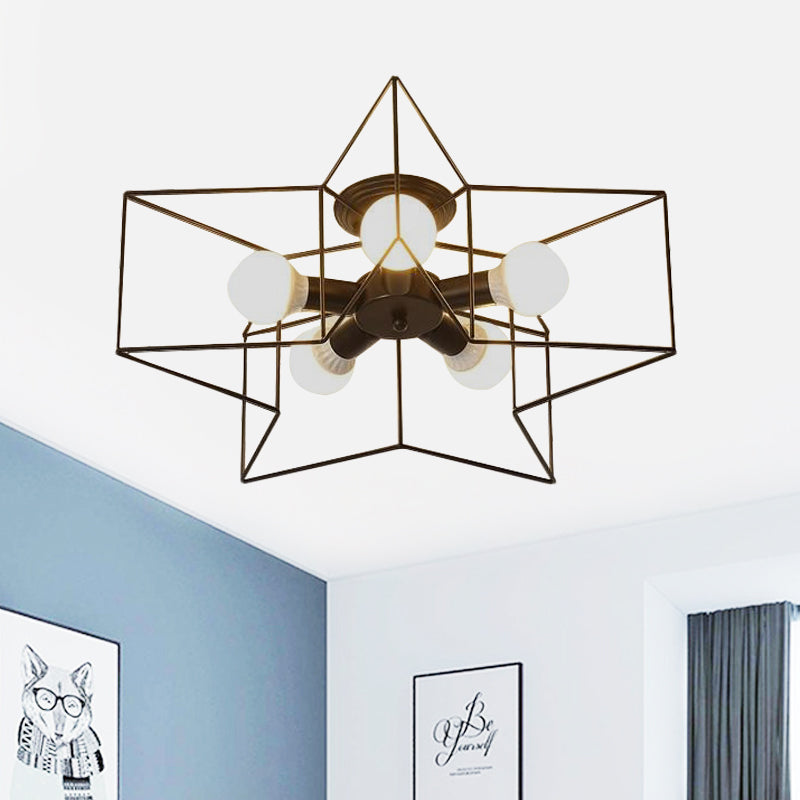 Stylish Star Cage Semi Flush Pendant Light With Metallic Shade - 5 Lights For Bedroom Ceiling