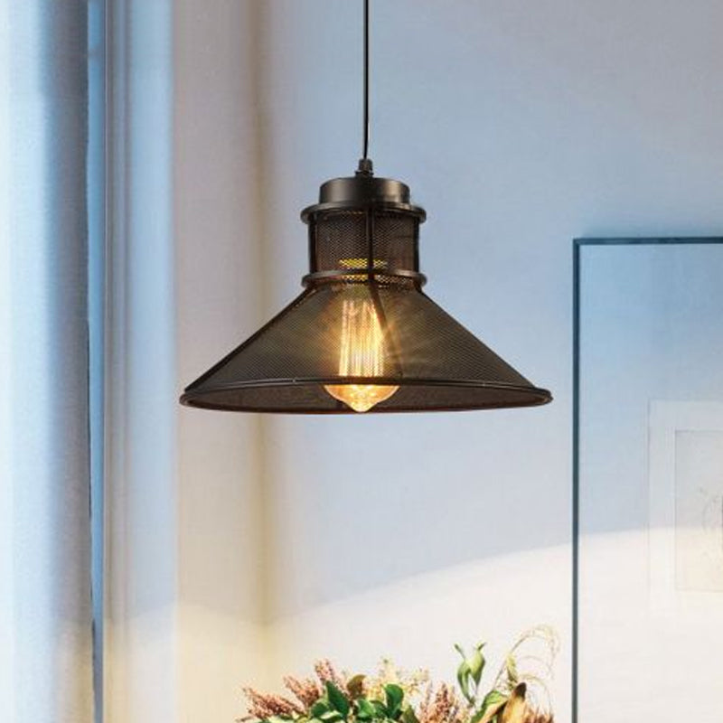 Industrial Mesh Cage Pendant Light with Cone Shade - Rust/Black Finish - Ideal for Restaurants - Single Bulb Ceiling Lamp