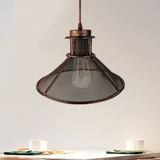 Industrial Mesh Cage Pendant Light with Cone Shade - Rust/Black Finish - Ideal for Restaurants - Single Bulb Ceiling Lamp