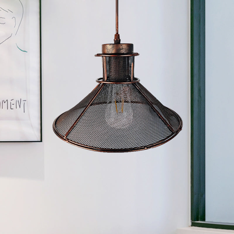 Mesh Cage Pendant Light Industrial Metal Rust/Black - Cone Shade 1 Bulb Restaurant Ceiling Lamp