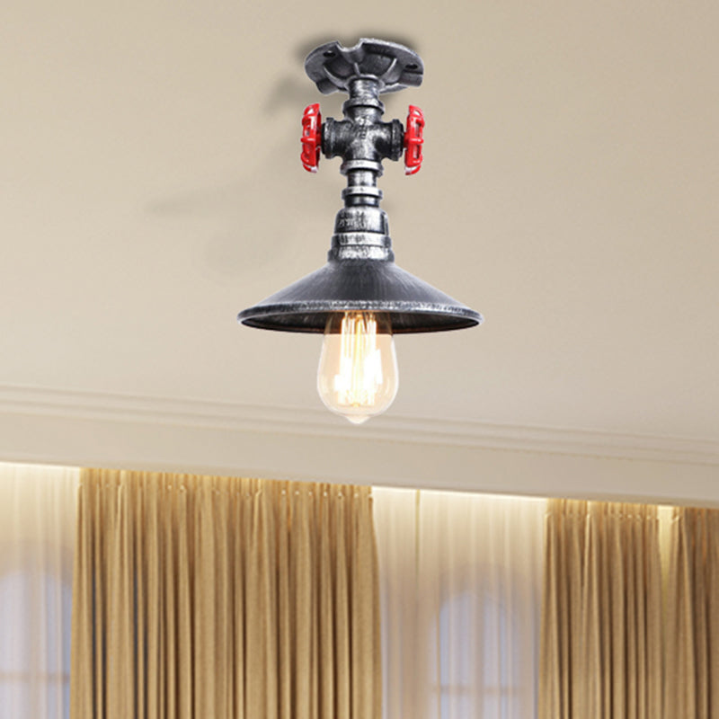 Industrial Cone Semi-Flush Ceiling Light with Red Faucet Valve in Black/Bronze for Bedroom