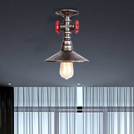 Industrial Cone Semi-Flush Ceiling Light with Red Faucet Valve in Black/Bronze for Bedroom