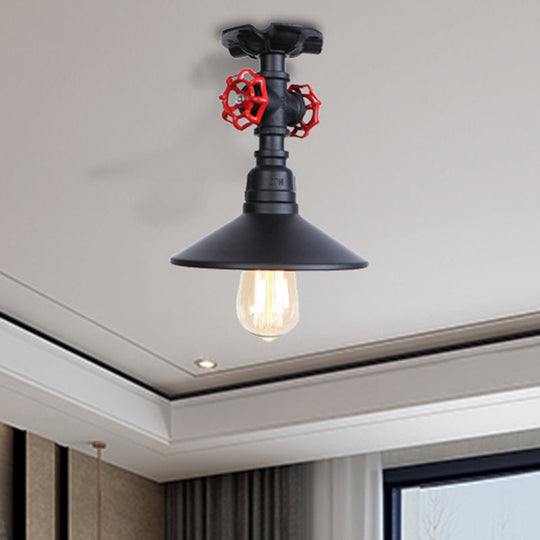 Industrial Cone Semi-Flush Ceiling Light with Red Faucet Valve in Black/Bronze for Bedroom