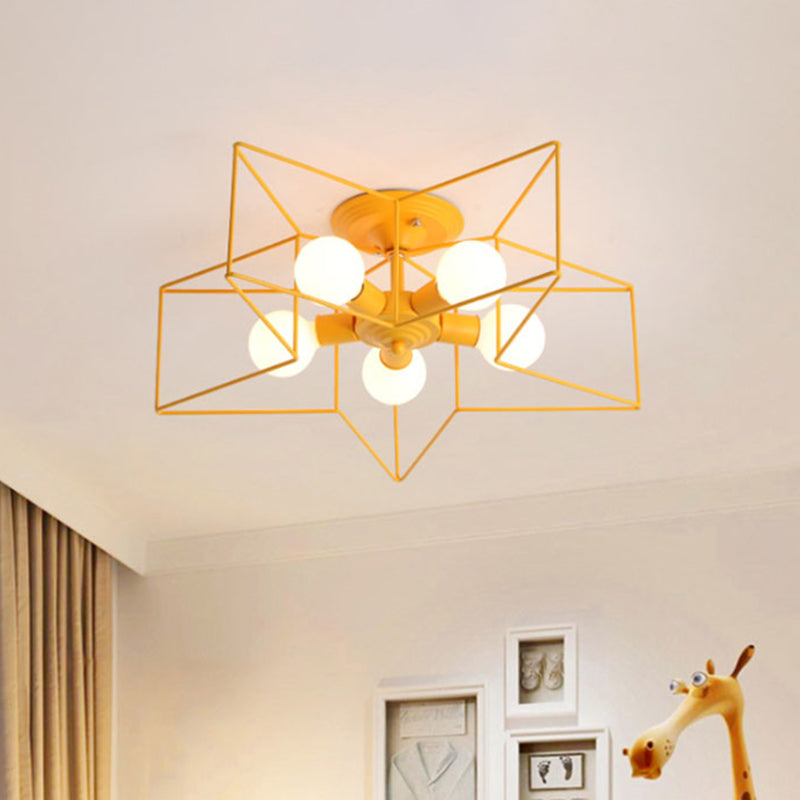 Stylish Grey/Pink Metallic Loft Indoor Semi-Flush Ceiling Light With Star Cage Shade - Set Of 5