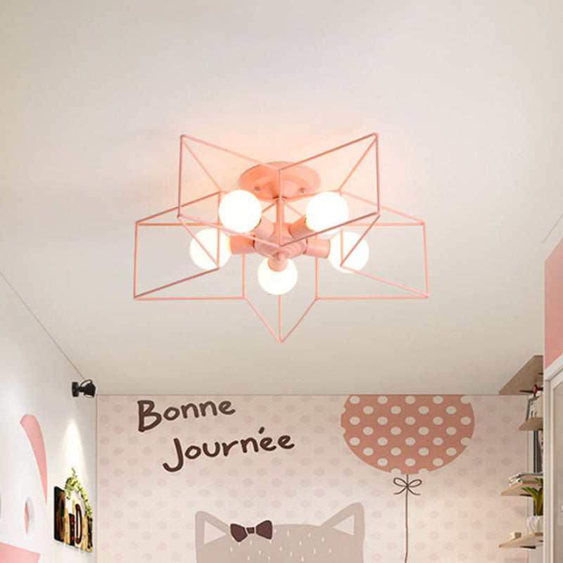 Stylish Grey/Pink Metallic Loft Indoor Semi-Flush Ceiling Light With Star Cage Shade - Set Of 5