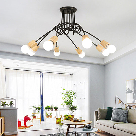 Loft Style Metal Ceiling Light With Open Bulb & Twisted Arm 3/5 Lights Wood Accent Perfect For