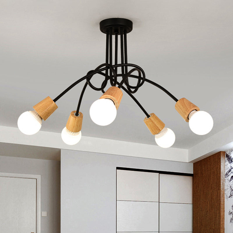 Loft Style Metal Ceiling Light With Open Bulb & Twisted Arm 3/5 Lights Wood Accent Perfect For