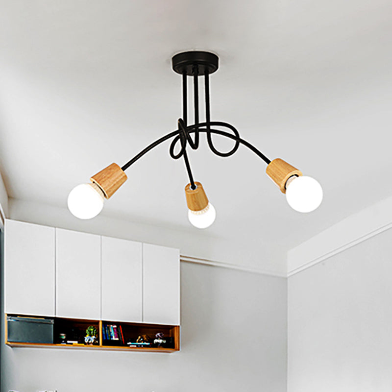 Loft Style Metal Ceiling Light With Open Bulb & Twisted Arm 3/5 Lights Wood Accent Perfect For