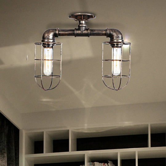 Industrial Iron Semi-Mount Ceiling Lighting with 2 Lights in Bronze/Aged Silver Finish