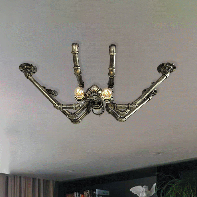 Vintage Industrial Metal Spider Ceiling Light Fixture - Semi Flush Pendant in Black/Bronze Finish - 2 Bulb Living Room Lighting