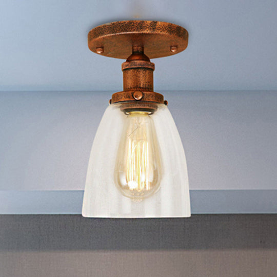 Semi Flush Mount Clear Glass Cone Industrial Ceiling Light Fixture with One Bulb in Silver/Brass/Rust