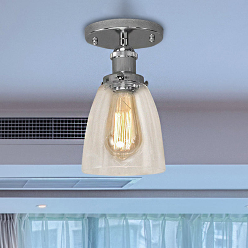 Semi Flush Mount Clear Glass Cone Industrial Ceiling Light Fixture with One Bulb in Silver/Brass/Rust