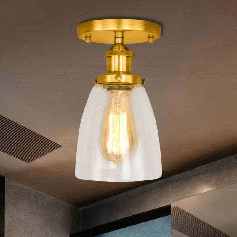 Semi Flush Mount Clear Glass Cone Industrial Ceiling Light Fixture with One Bulb in Silver/Brass/Rust