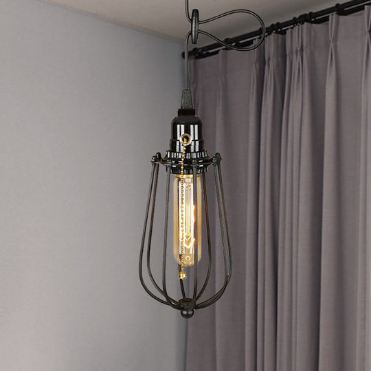 Industrial Metal Black Bulb Pendant Light with Height Adjustment and Wire Guard