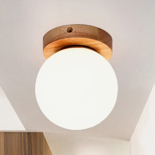 Nordic Wooden Glass Flush Mount Ceiling Light With Milky Globe Modern Lighting Fixture