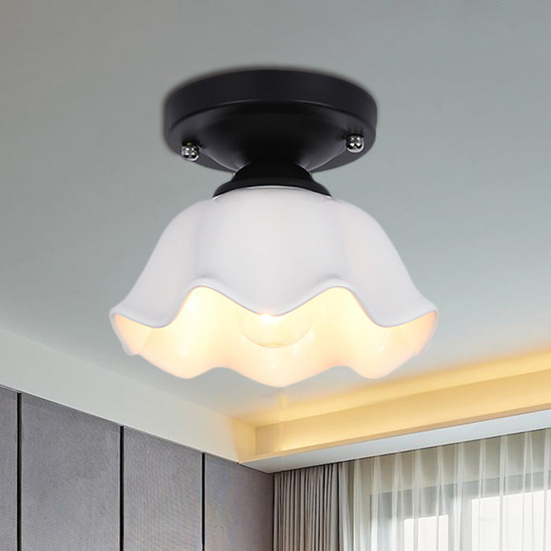 Milky Glass Industrial Living Room Light Fixture - Scalloped Semi Flush, Black Finish +