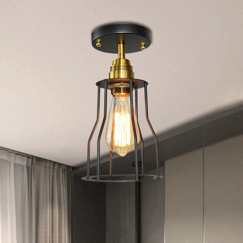 Industrial Style Wire Guard Ceiling Light - Metallic Semi Flush Brass/Antique Brass - Hallway Lighting