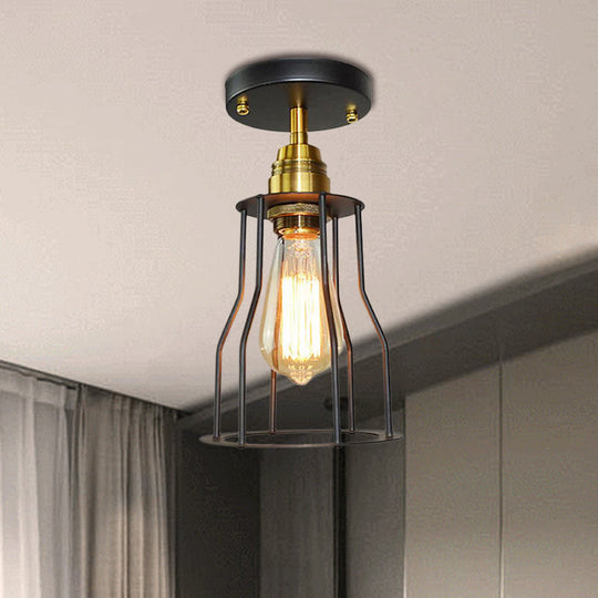 Industrial Style Wire Guard Ceiling Light - Metallic Semi Flush Brass/Antique Brass Hallway Lighting