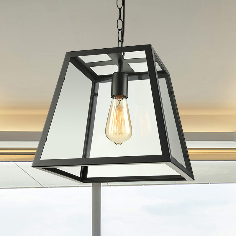 Industrial Trapezoid Pendant Light with Clear Glass & Black Finish, 7"/12" Wide