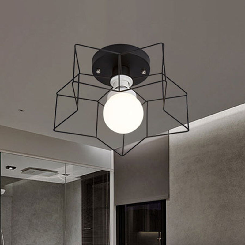 Industrial Cage Shade Ceiling Light for Bedroom - Black/White Metal Semi-Flush Mount