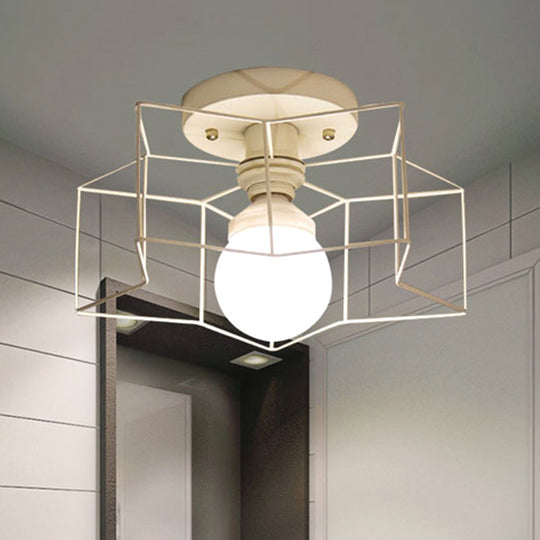 Industrial Cage Shade Ceiling Light for Bedroom - Black/White Metal Semi-Flush Mount