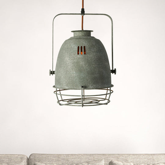 Wrought Iron Pendant Lighting with Bell/Dome Shade - Industrial 1 Light Hanging Lamp in Grey