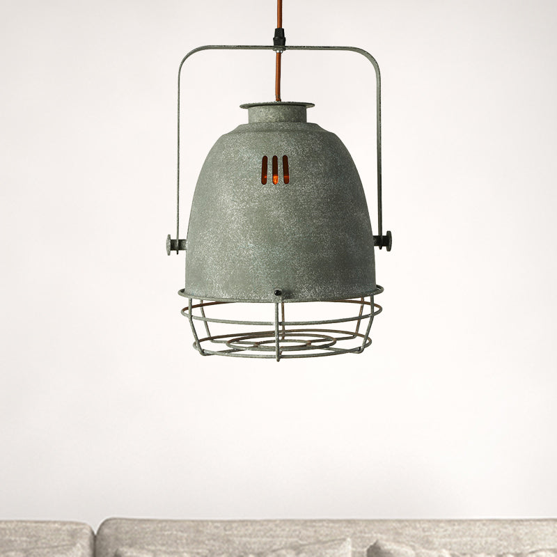 Industrial Wrought Iron Pendant Lighting With Bell Shade And Wire Guard In Grey