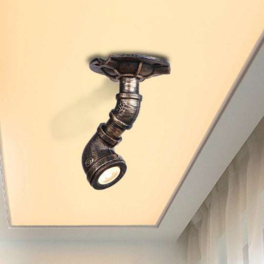 Rustic Industrial Antique Brass Water Pipe Ceiling Light with 1 Metal Semi Flush Mount - Perfect for Hallways