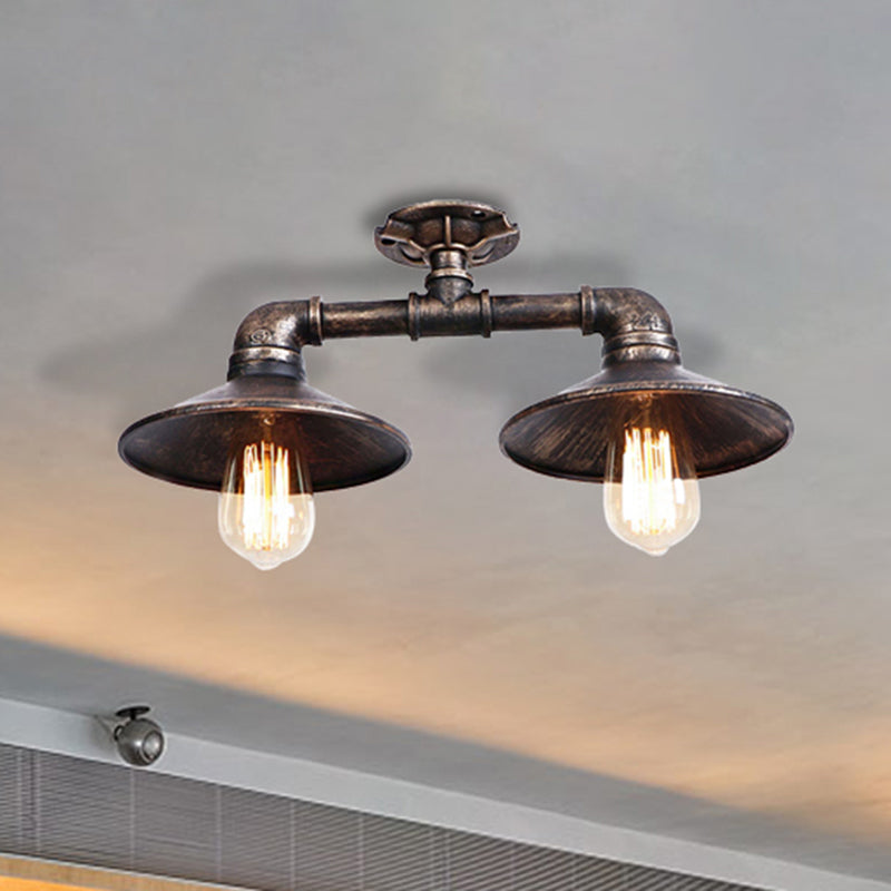 Wrought Iron Saucer Semi Flush Light - Retro Industrial Style - 2 Lights - Living Room Ceiling Mount in Bronze/Aged Silver