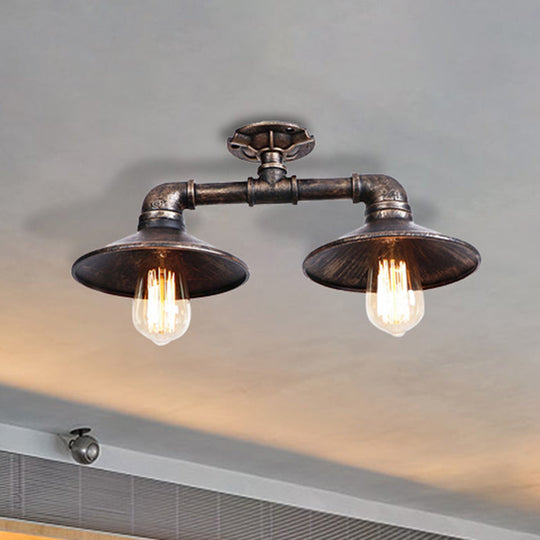 Wrought Iron Saucer Semi Flush Light - Retro Industrial Style 2 Lights Living Room Ceiling Mount In