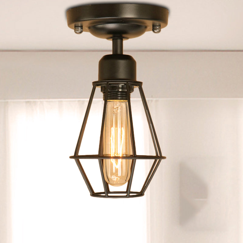 Industrial Style Black Iron Semi Flush Mount Ceiling Light with Open Cage Design for Living Room