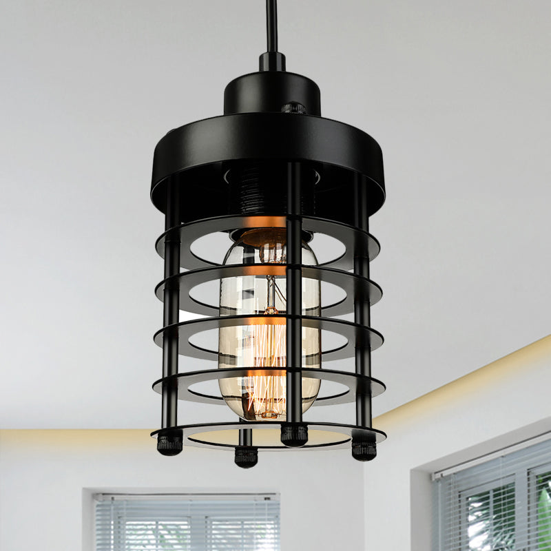 Industrial Pendant Light with Metallic Cage Shade - Matte Black/Rust, Ideal for Table Lighting