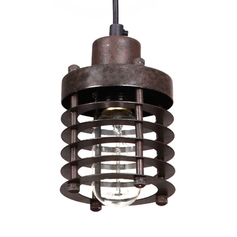 Industrial Pendant Light with Metallic Cage Shade - Matte Black/Rust, Ideal for Table Lighting