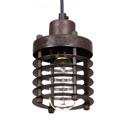 Industrial Cylinder Cage Pendant Light With Metallic Shade - Matte Black/Rust Finish Ideal For Table