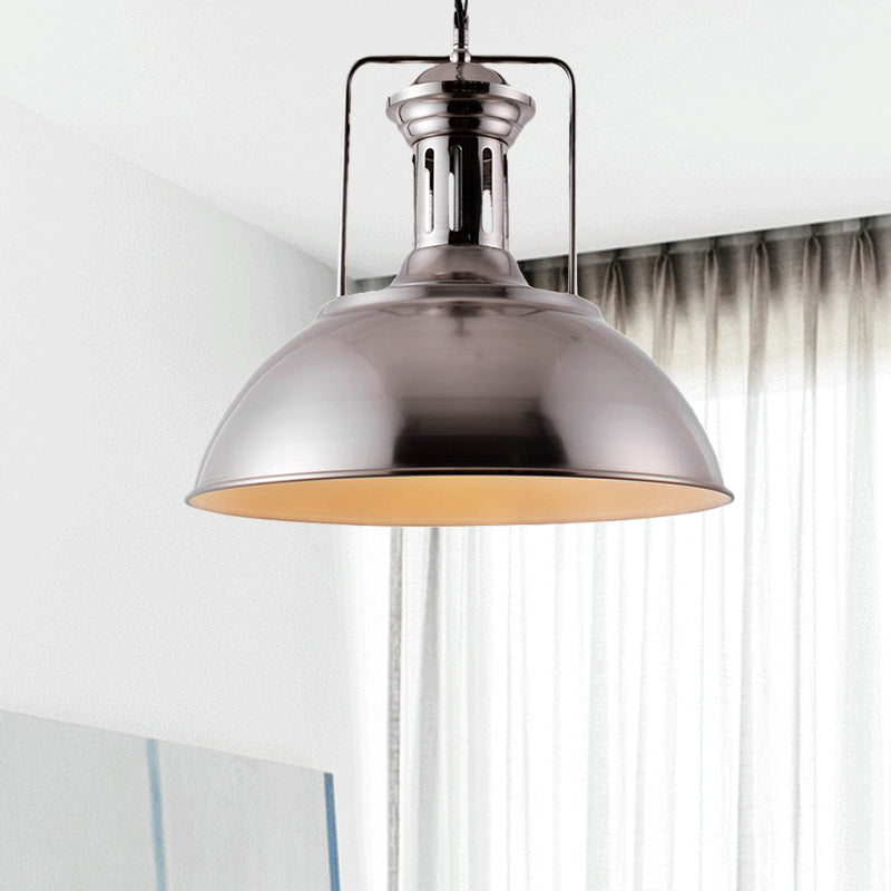 Industrial Dome Pendant Lamp - 1-Light Metal Ceiling Light in Nickel/Chrome Finish for Kitchen