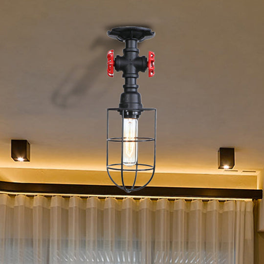 Valve Nautical Style Cage Metal Semi Flush Light - 1 Living Room Ceiling Fixture In Black/Bronze