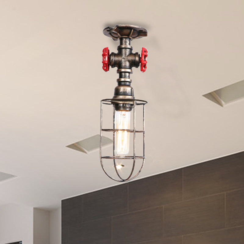 Valve Nautical Style Cage Metal Semi Flush Light - 1 Light Living Room Ceiling Fixture in Black/Bronze