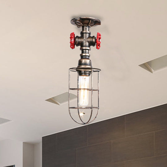 Valve Nautical Style Cage Metal Semi Flush Light - 1 Living Room Ceiling Fixture In Black/Bronze