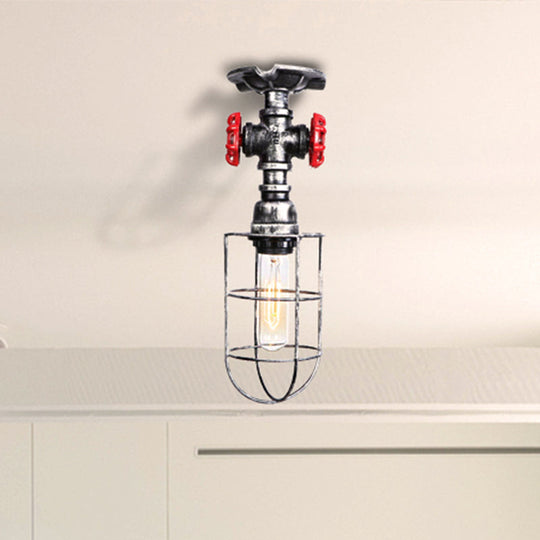 Valve Nautical Style Cage Metal Semi Flush Light - 1 Living Room Ceiling Fixture In Black/Bronze