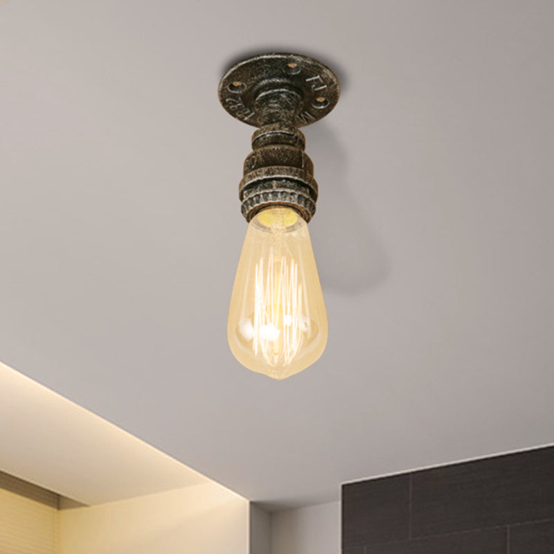 Semi Flush Industrial Rustic Ceiling Lamp - Open Bulb Iron Head in Bronze/Antique Brass for Corridors