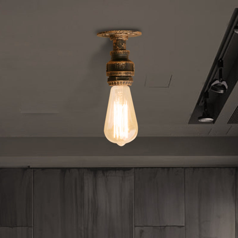 Semi Flush Industrial Rustic Ceiling Lamp - Open Bulb Iron Head in Bronze/Antique Brass for Corridors