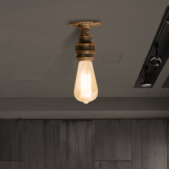 Semi Flush Industrial Rustic Ceiling Lamp - Open Bulb Iron Head in Bronze/Antique Brass for Corridors