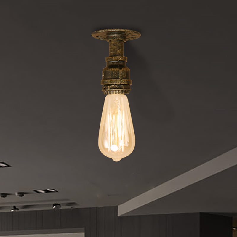 Semi Flush Industrial Rustic Ceiling Lamp - Open Bulb Iron Head in Bronze/Antique Brass for Corridors