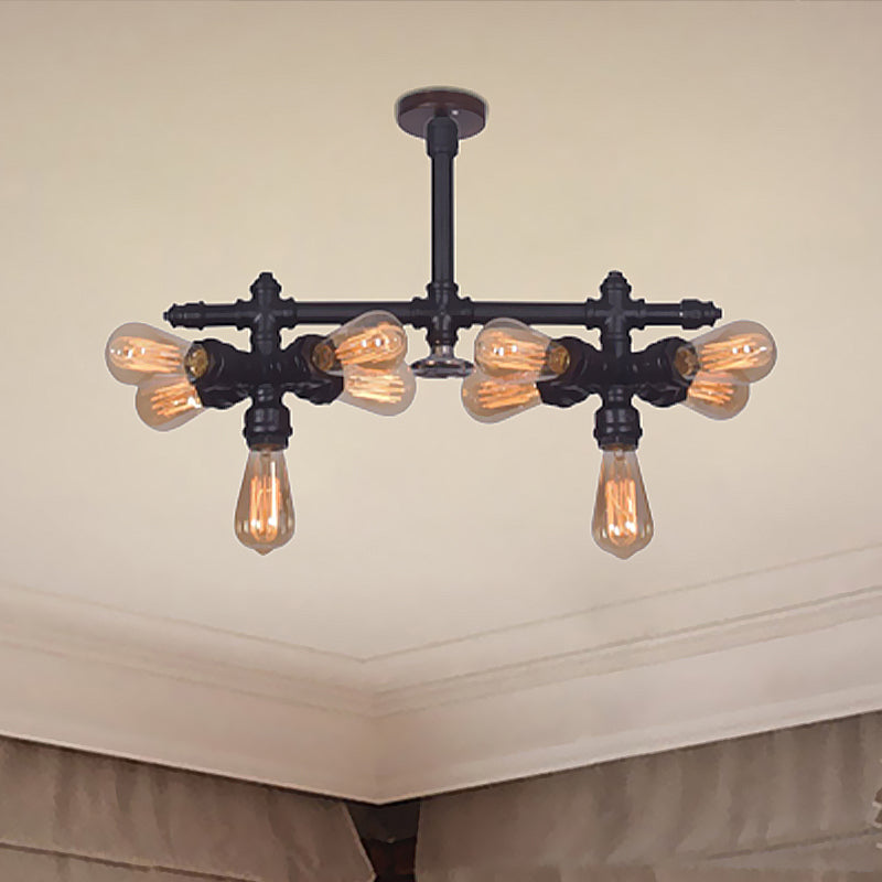 Steampunk Open Bulb Semi Flush Light - 10-Light Metallic Ceiling Fixture in Black